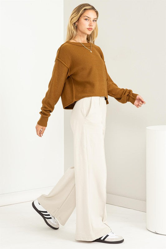 Cropped Hem Exposed Seam Sweater Tops