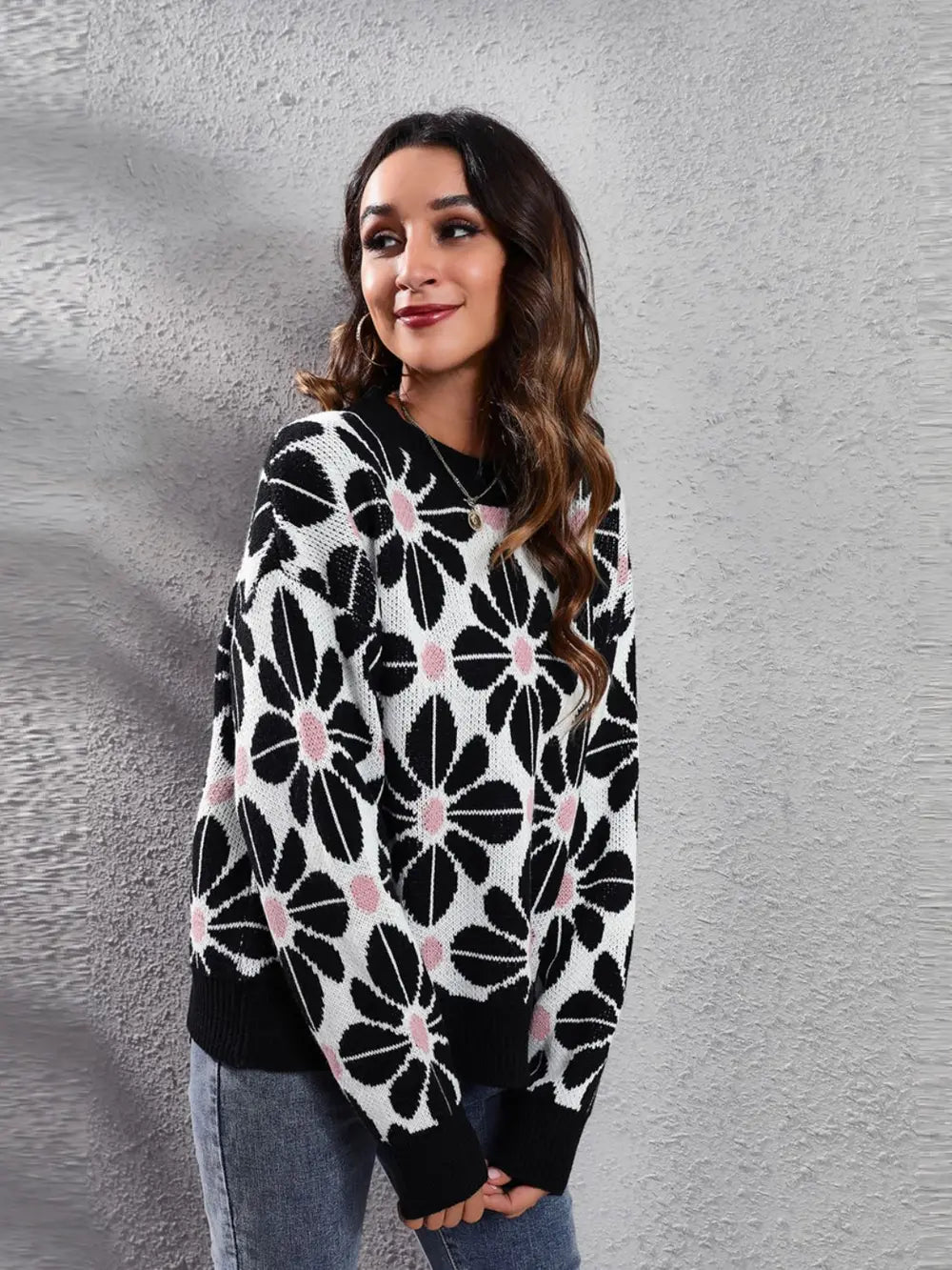 Floral Round Neck Long Sleeve Sweater | Daverri Fashions