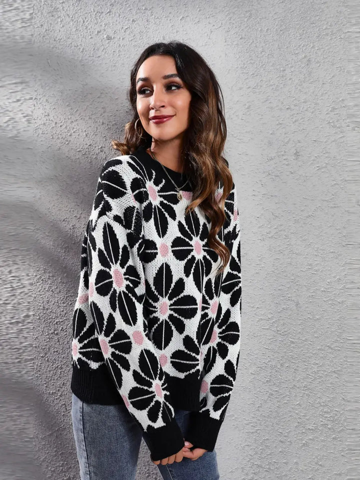 Floral Round Neck Long Sleeve Sweater | Daverri Fashions