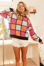 BiBi Multi Color Checker Pattern Sweater | Sweaters Daverri Fashions
