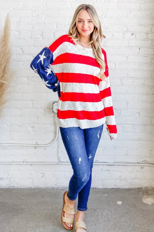 And The Why American Flag Long Sleeve Sweater RED NAVY Sweaters