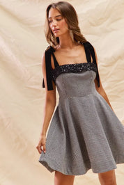SO ME Houndstooth Fit Flare Mini Dress with Shoulder Tie | Mini Dresses Daverri Fashions