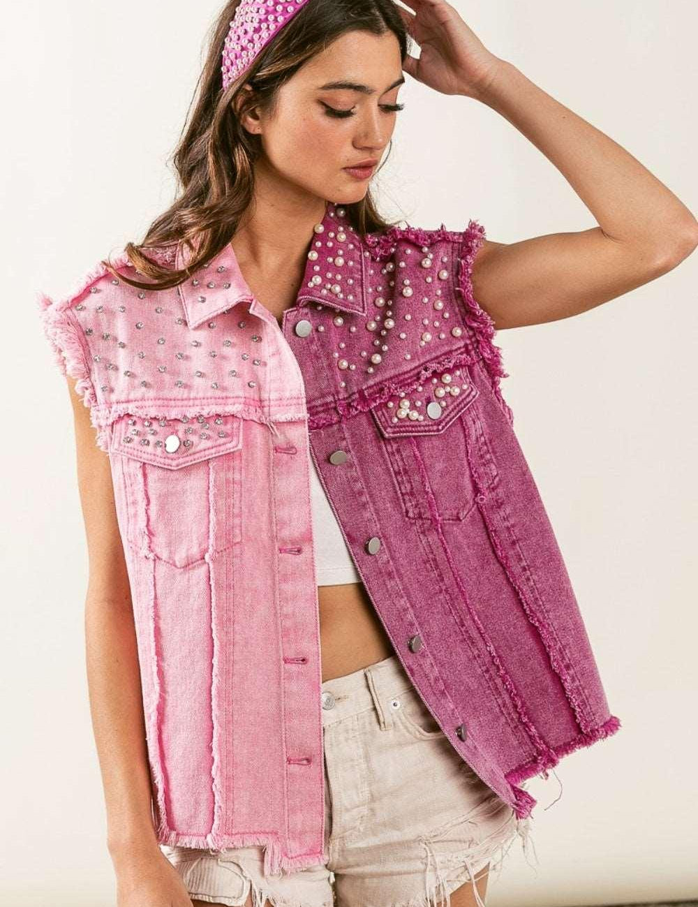 BiBi Pearl & Rhinestone Raw Hem Vest Jacket Pink Fuchsia S Vest Jackets