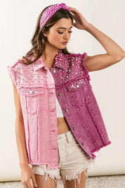 BiBi Pearl & Rhinestone Raw Hem Vest Jacket Pink Fuchsia S Vest Jackets