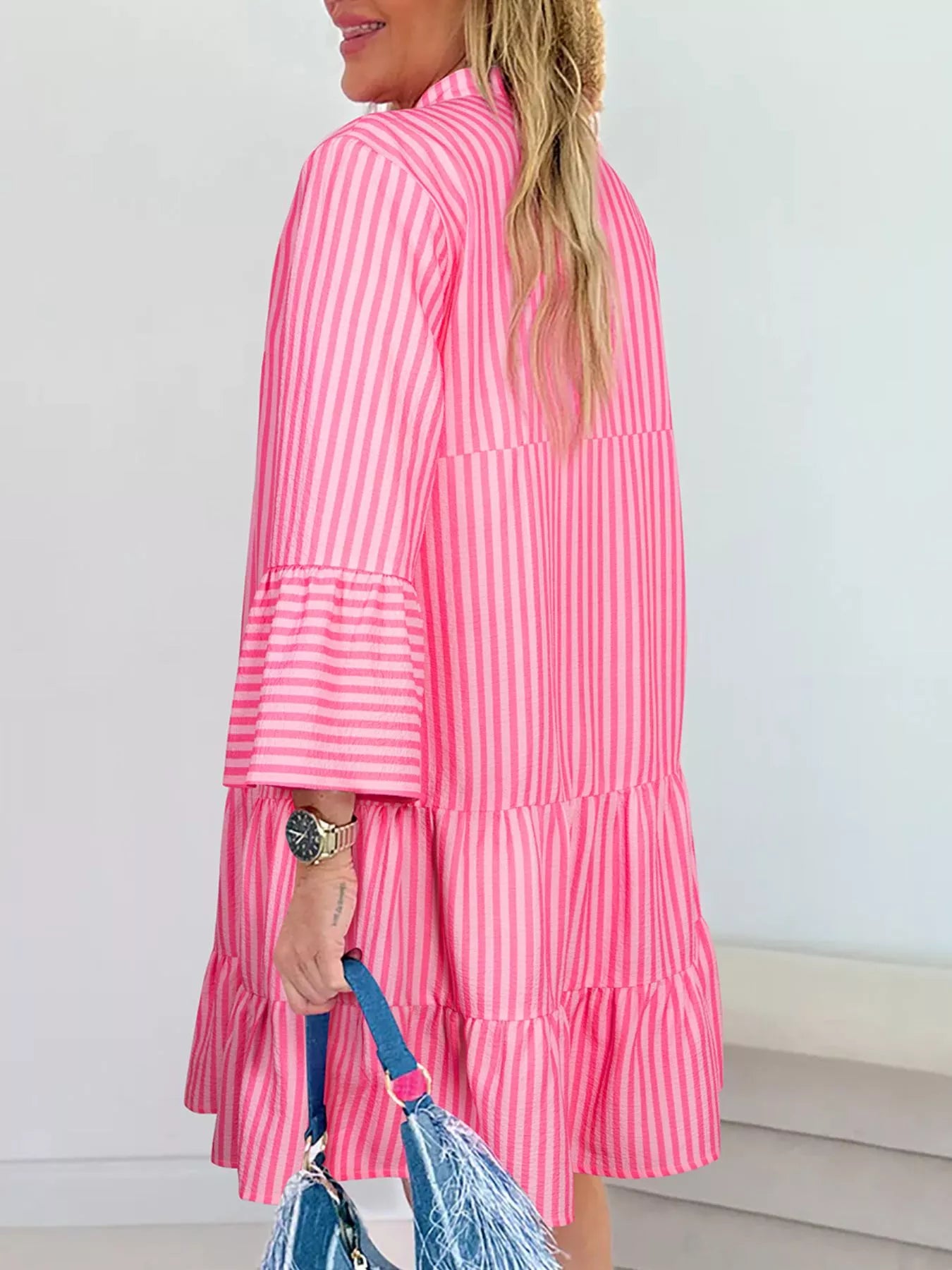 Vibrant pink white striped flare sleeve tiered flowy mini dress