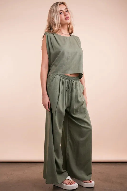 VERY J Solid Woven Top & Pants Set Outfit Sets