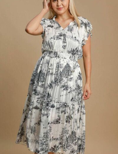 Umgee Full Size Two Tone Landscape Print Midi Dress Plus Size Midi Dresses