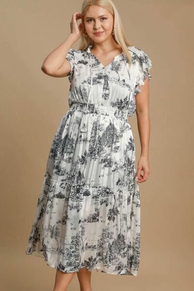 Umgee Full Size Two Tone Landscape Print Midi Dress Plus Size Mid Dresses