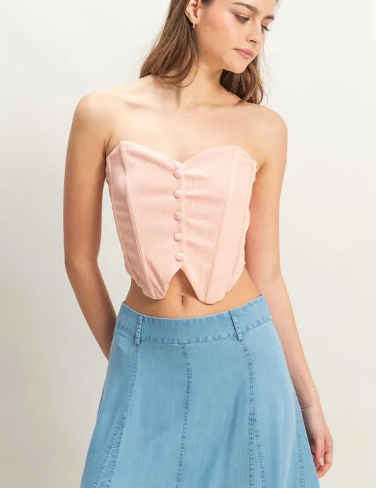 PEACH HYFVE Buttoned Front Strapless Knit Bustier Top | Tops Daverri Fashions