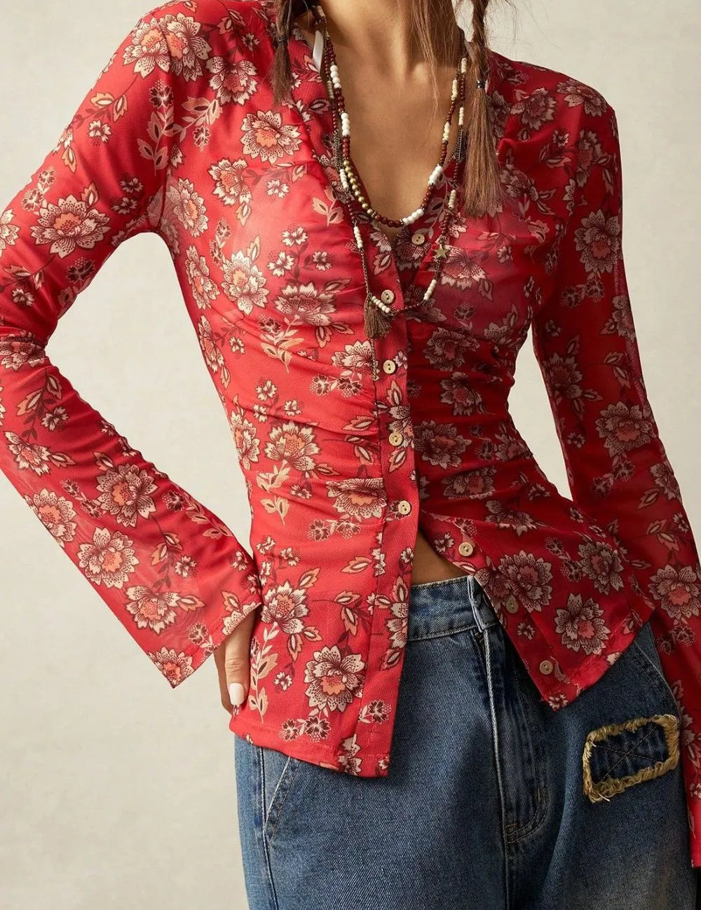 Strawberry Floral Button-Front Shirt with Bell Sleeves | Shirts Daverri Fashions