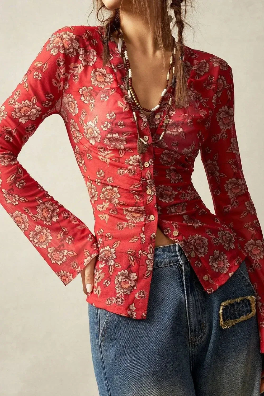 Floral Button-Front Shirt with Bell Sleeves - DAVERRI FASHIONS