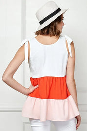 Lime 'N' Chili Color Block Sleeveless Tie Shoulder Babydoll Top | Tops Daverri Fashions