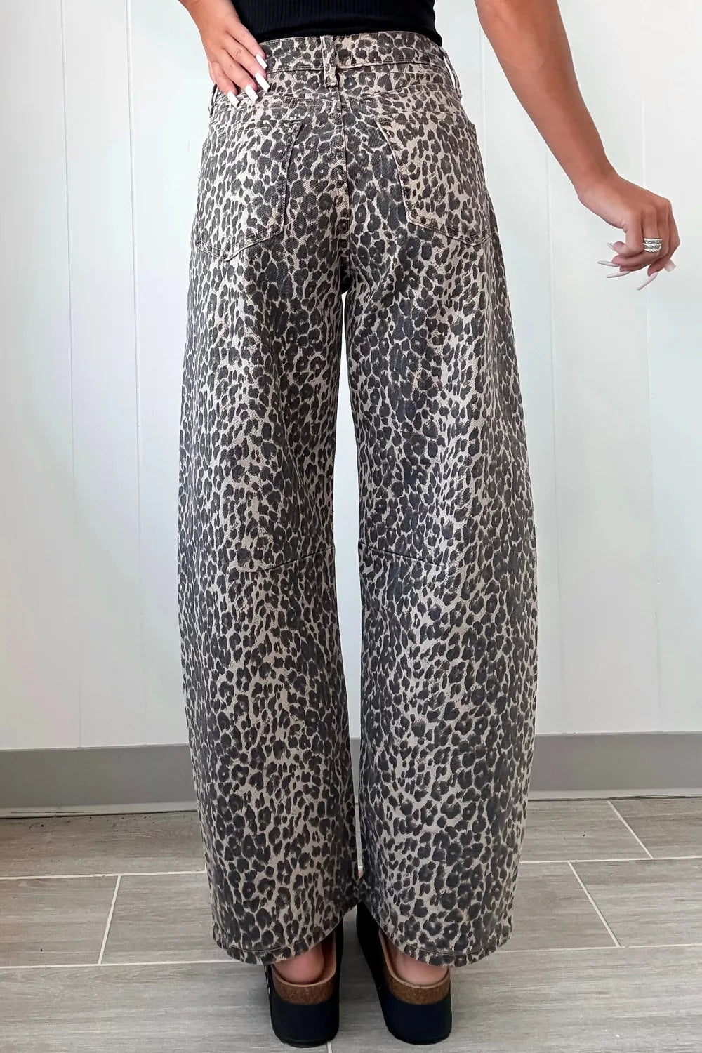Daverri Leopard Print High Waist Barrel Jeans in muted gray and black