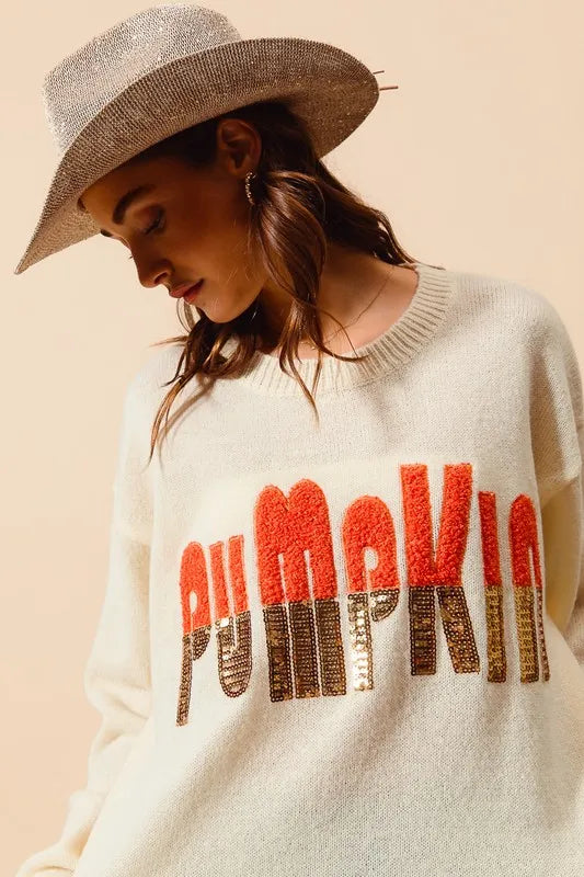 SO ME Contrast Sequin Pumpkin Slogan Sweater Top Sweaters