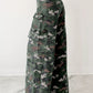 Camo print high-waisted wide-leg denim cargo pants in faded green, brown, gray pattern