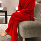 Vibrant red ribbed knit relaxed fit top and wide-leg pants set plus size