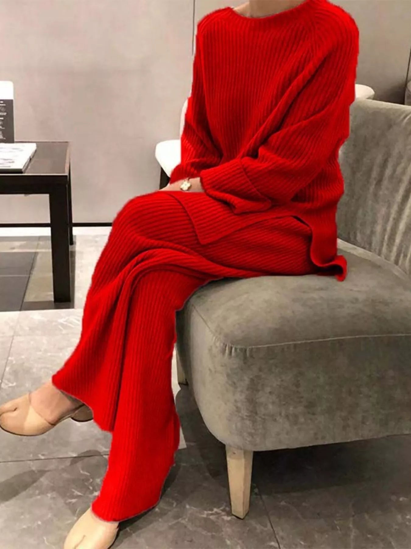 Vibrant red ribbed knit relaxed fit top and wide-leg pants set plus size