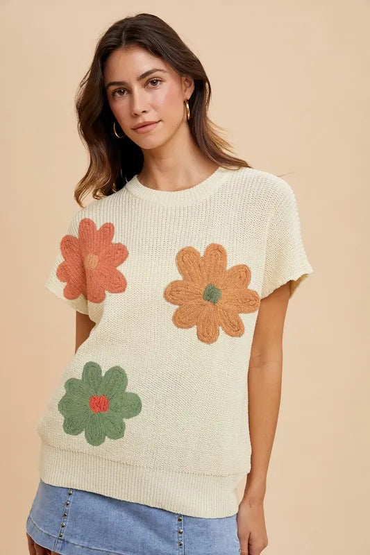 Annie Wear Large Flower Embo Dolman Sleeve Summer Sweater Top
