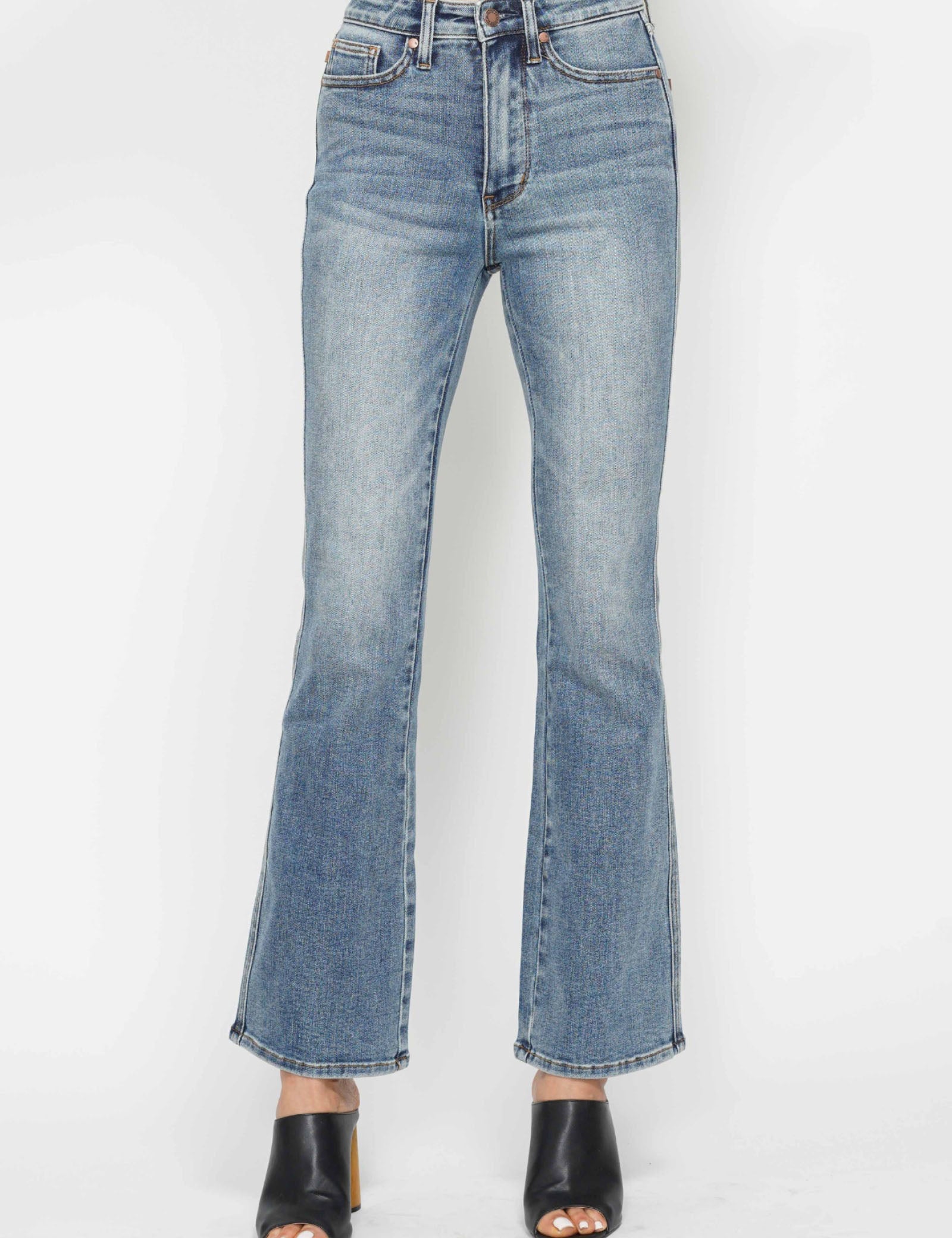 REG INSEAM Judy Blue Full Size Tummy Control Back Embroidered Pocketed Bootcut Jeans Plus Size | Daverri Fashions