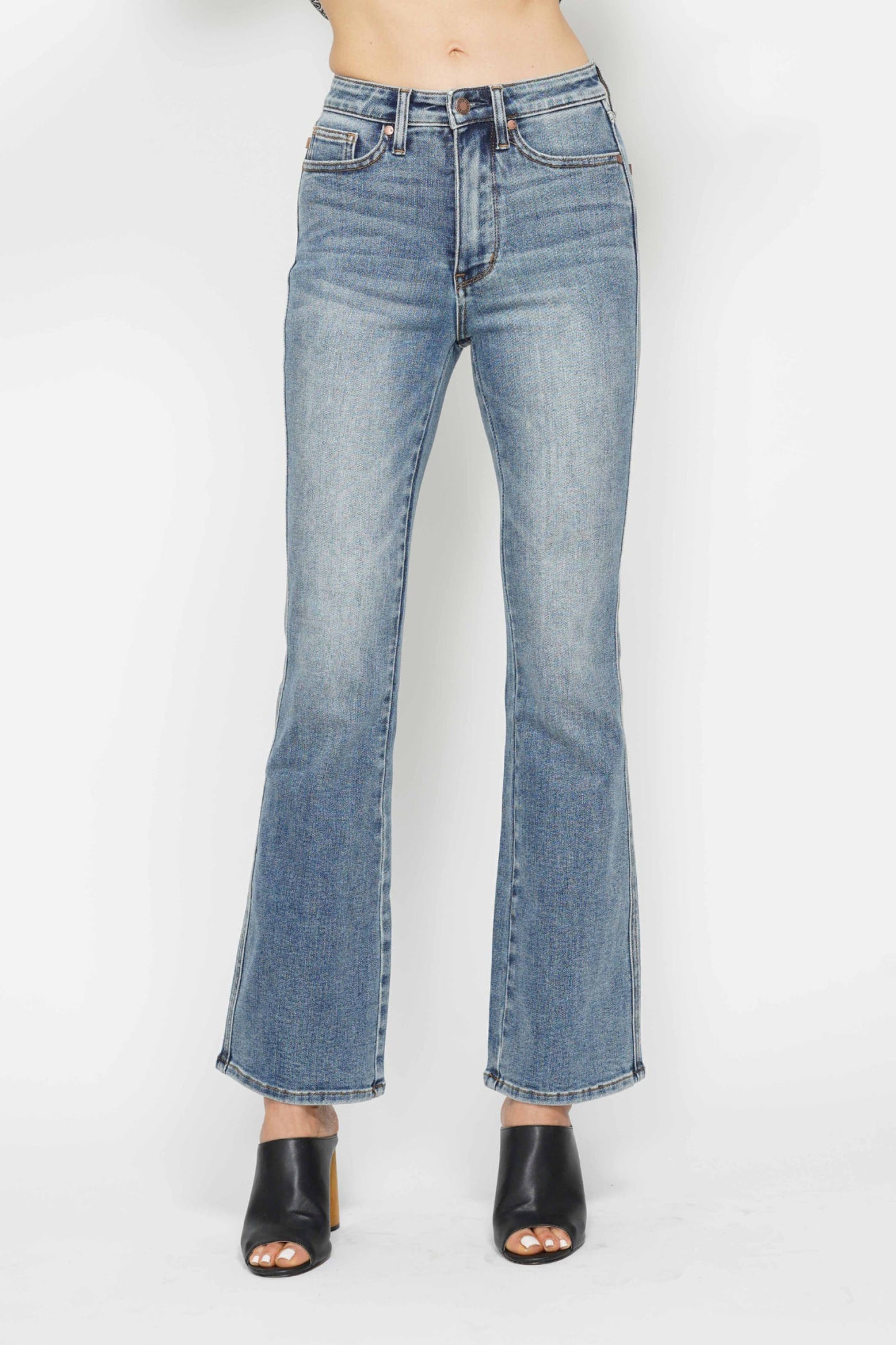 Judy Blue Full Size Tummy Control Back Embroidered Pocketed Bootcut Jeans Plus Size REG INSEAM
