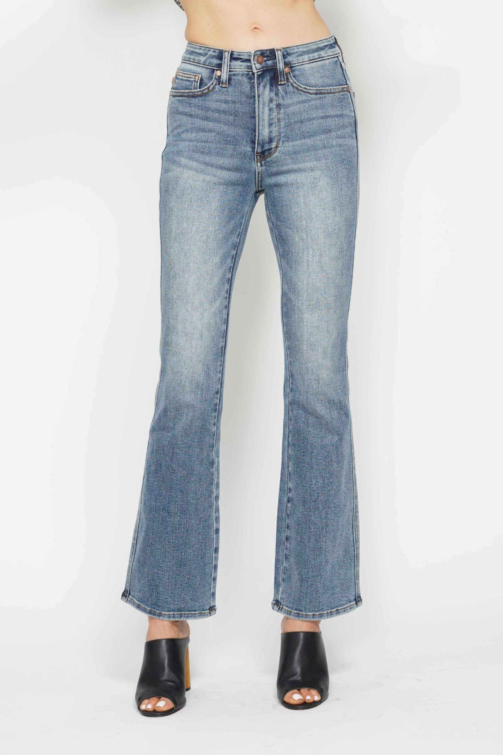 Judy Blue Full Size Tummy Control Back Embroidered Pocketed Bootcut Jeans Plus Size REG INSEAM