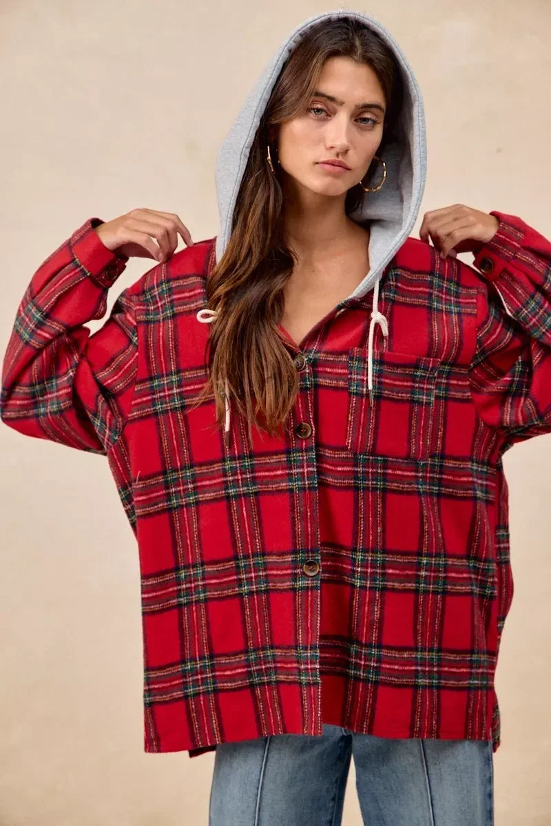 BiBi Brushed Plaid Hooded Jacket - DAVERRI FASHIONS