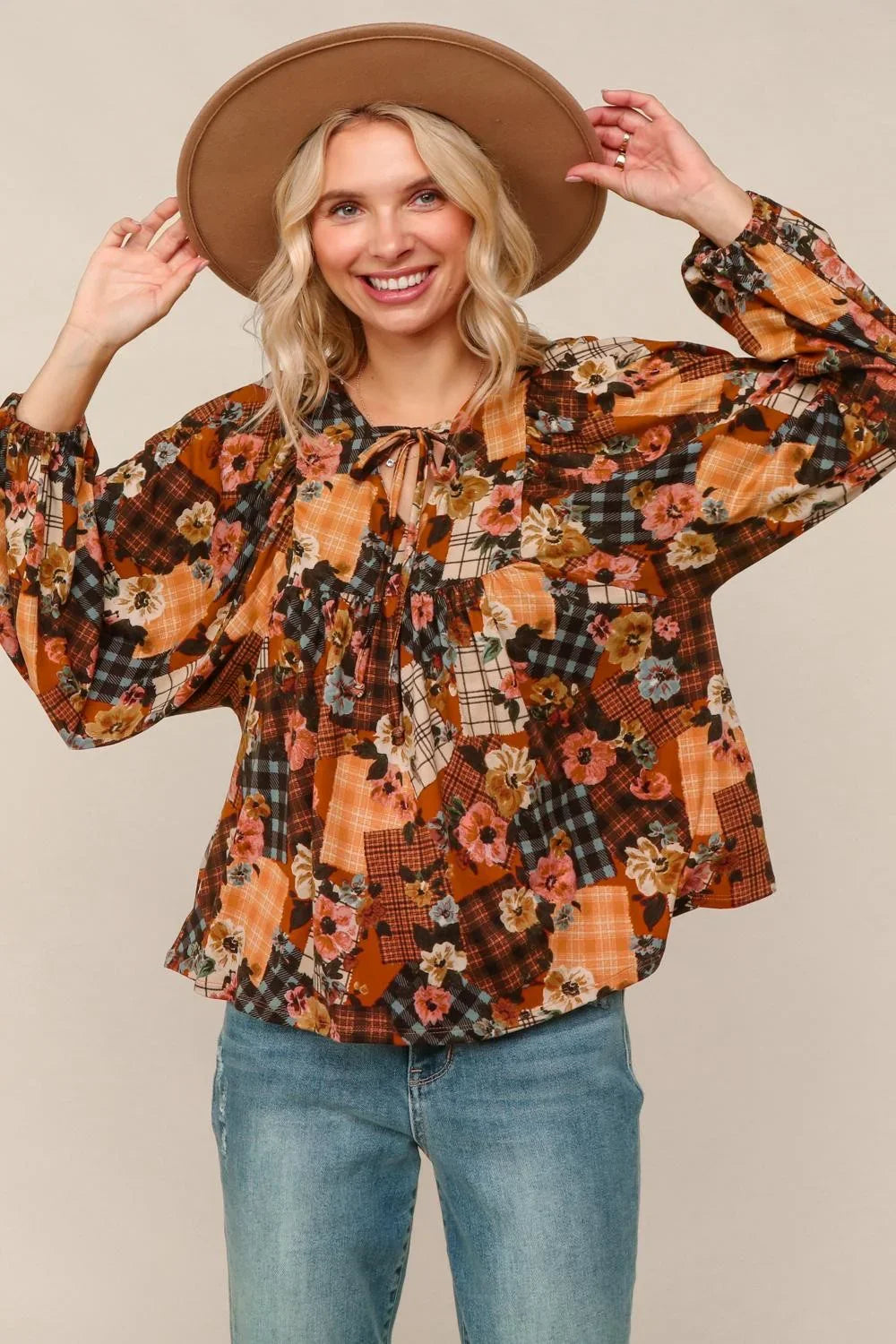 Apple Cider Patchwork Print Blouse | Daverri Fashions