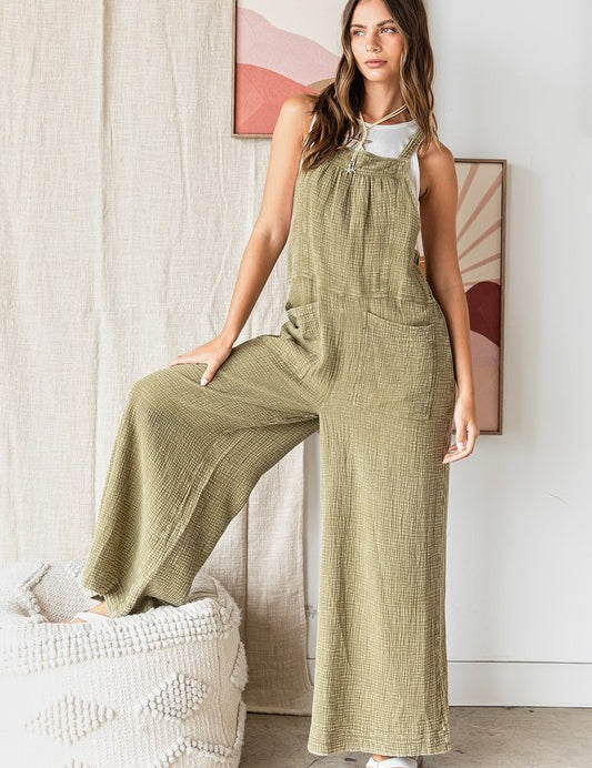 Mittoshop Textured Wide Leg Overalls Olive