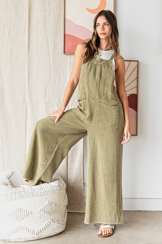 Mittoshop Textured Wide Leg Overalls Olive