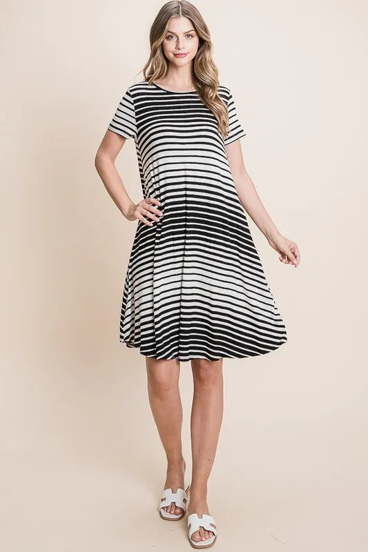 BOMBOM Casual Stripe Round Neck Tee Dress