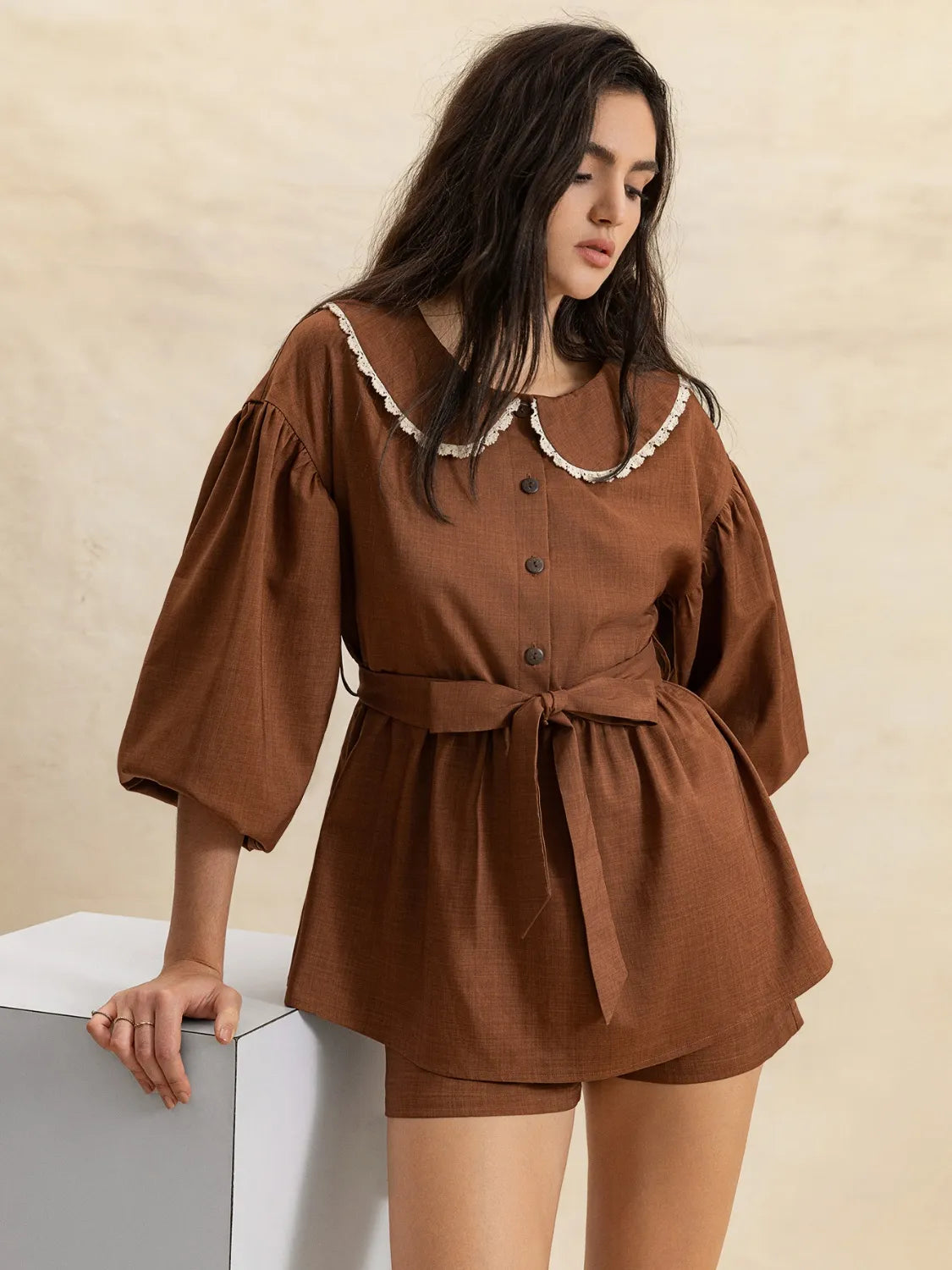 Peter Pan Collar Balloon Sleeve Top and Shorts Set | Daverri Fashions