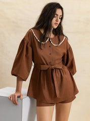 Peter Pan Collar Balloon Sleeve Top and Shorts Set | Daverri Fashions