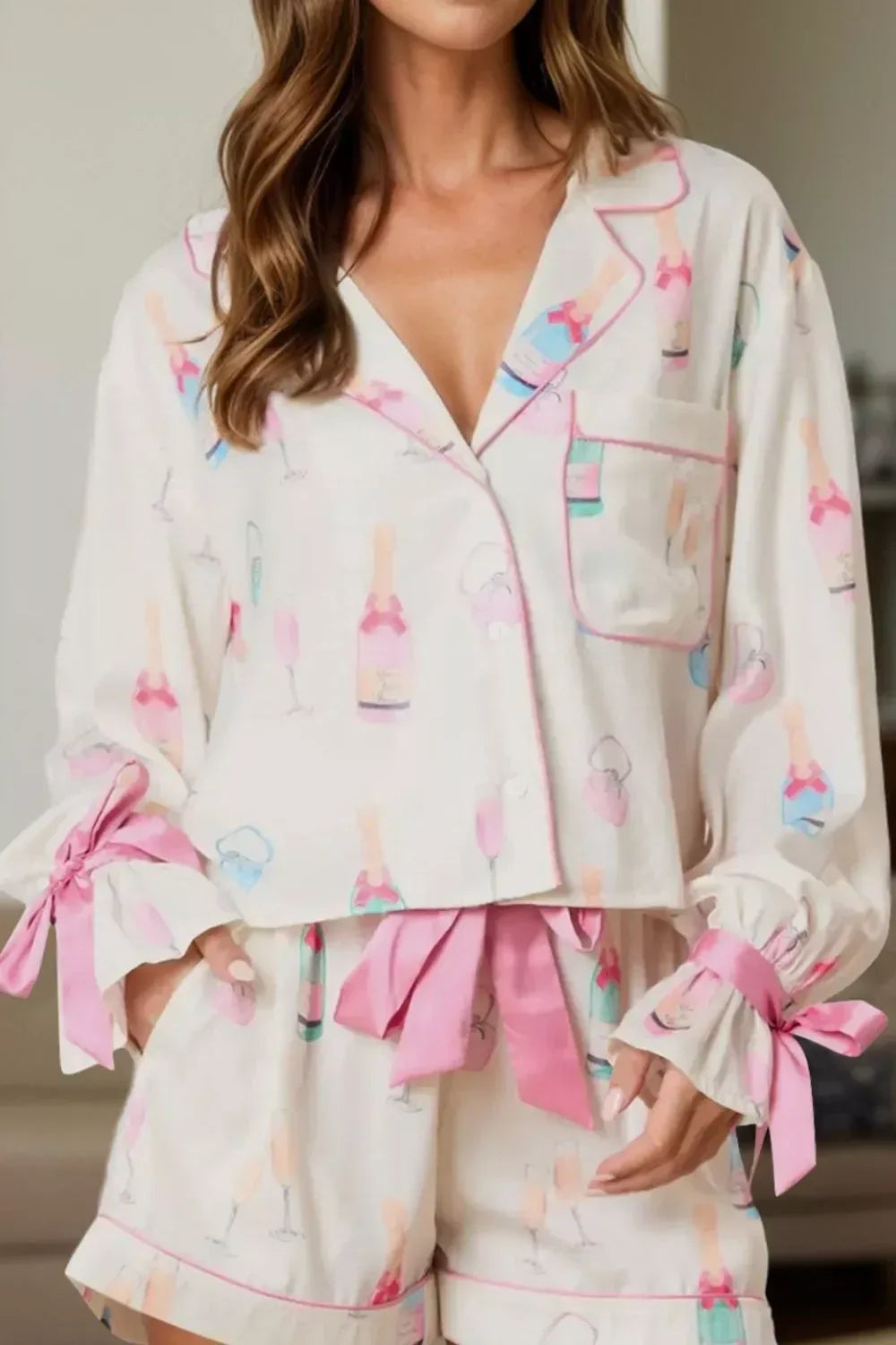 Bow Printed Collared Neck Top and Drawstring Shorts Lounge Set - DAVERRI FASHIONS