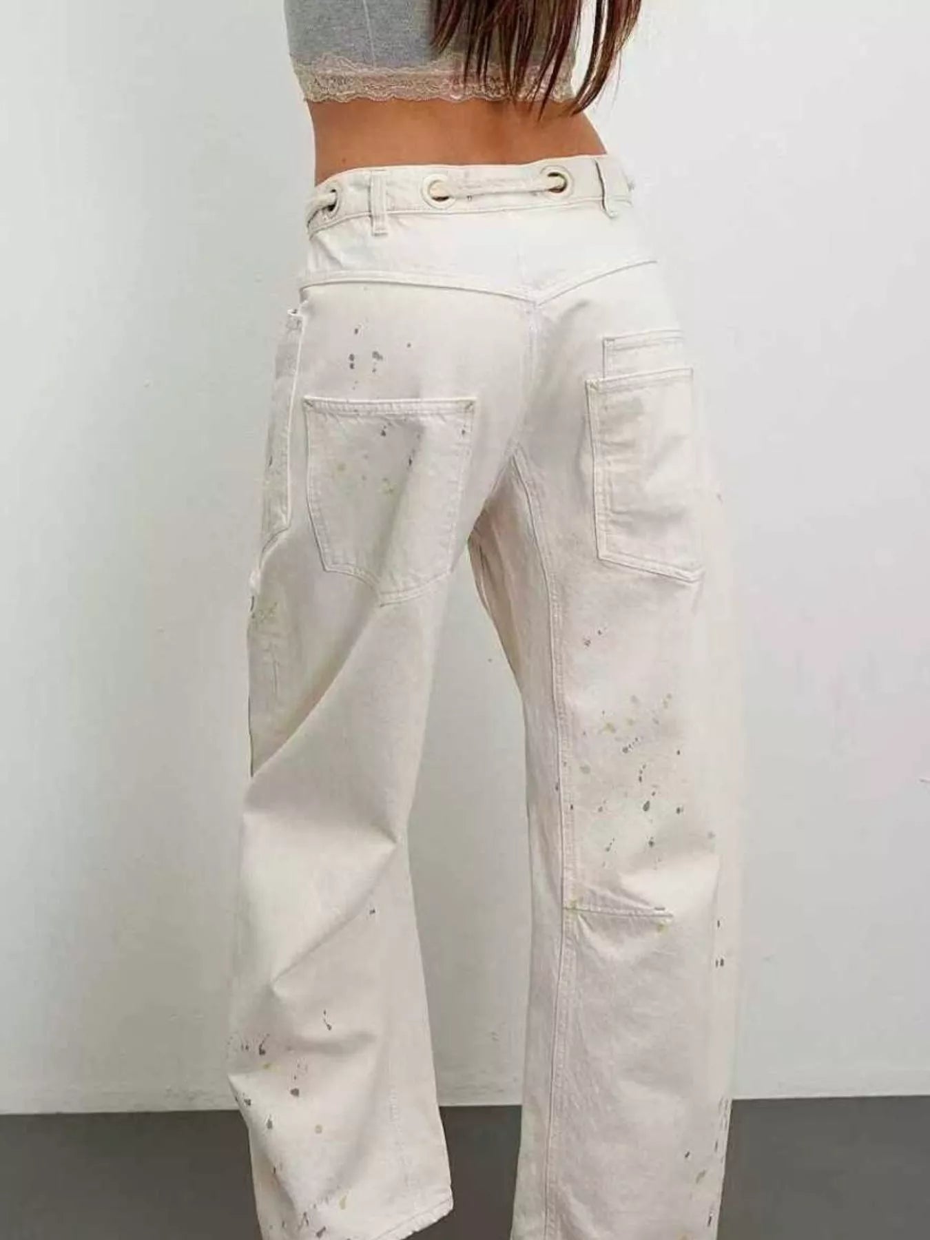 Daverri washed relaxed fit barrel jeans with paint splatter and lace waistband