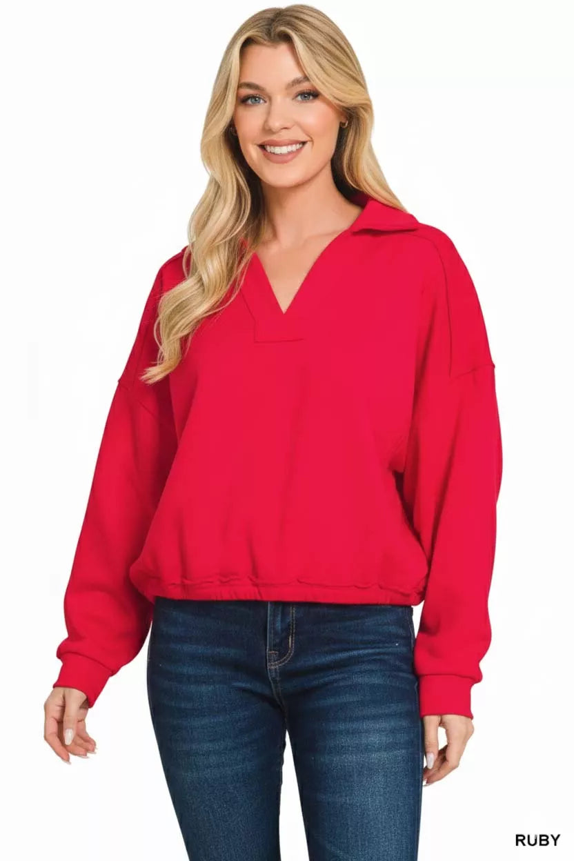 Red Zenana French Terry collared V-neck sweatshirt