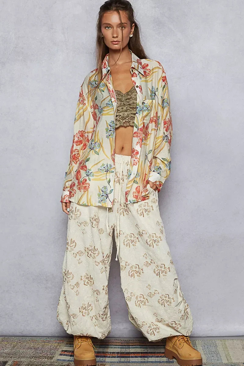 POL Floral Print Button Down Long Sleeve Shirt - DAVERRI FASHIONS