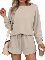 Round Neck Long Sleeve Top and Shorts Set | Loungewear Sets Daverri Fashions