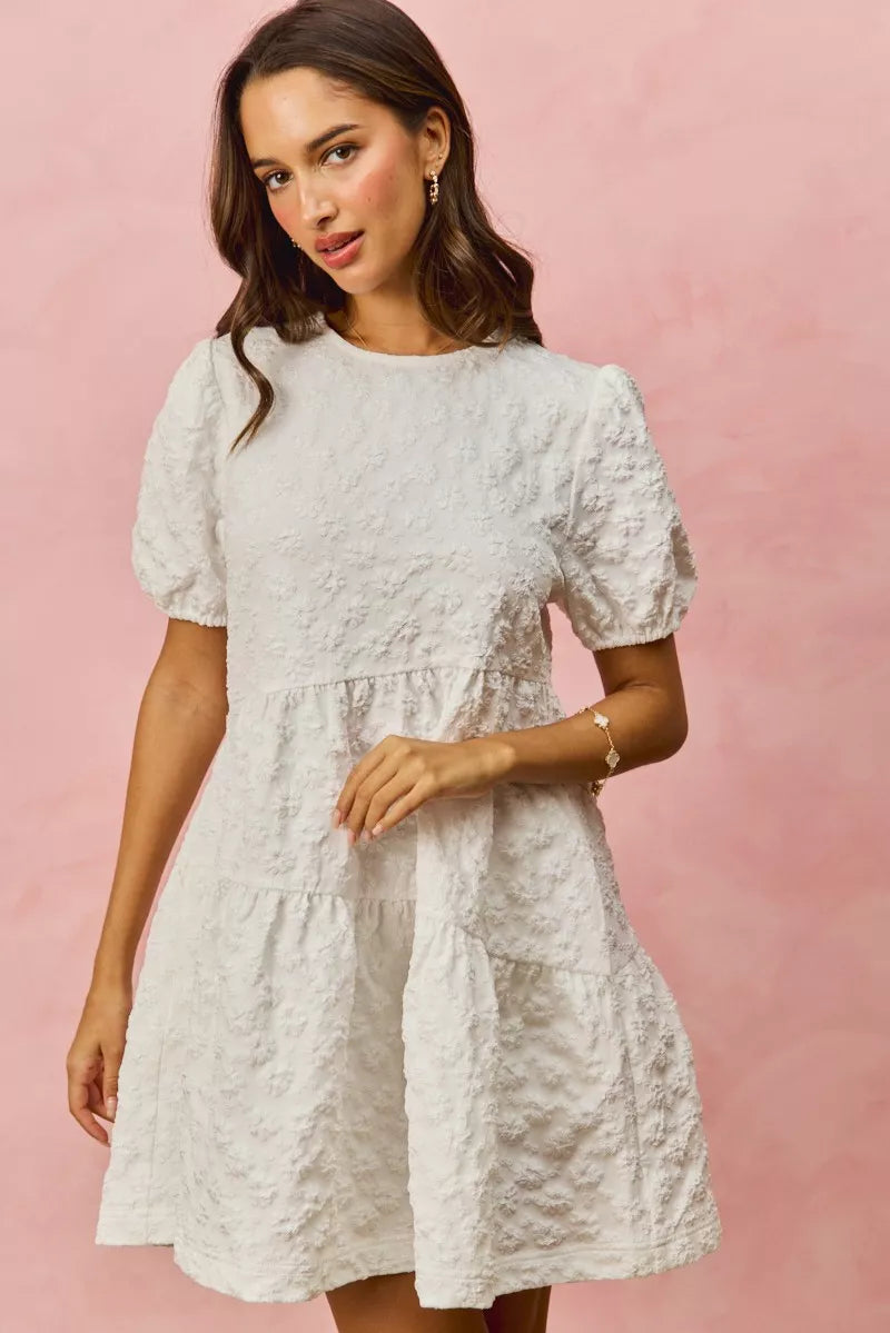 White textured lace SO ME floral jacquard diagonal tiered short mini dress