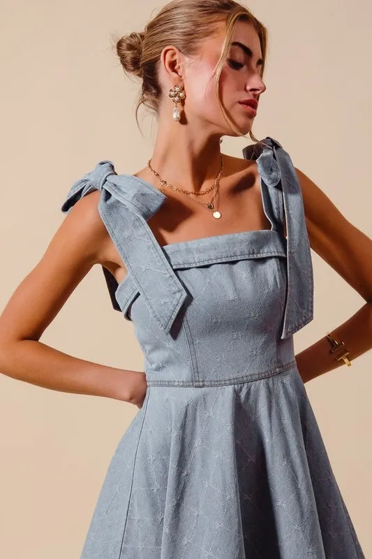 SO ME A Line Fit and Flare Diamond Bow Ribbon Denim Dres Mini Dresses