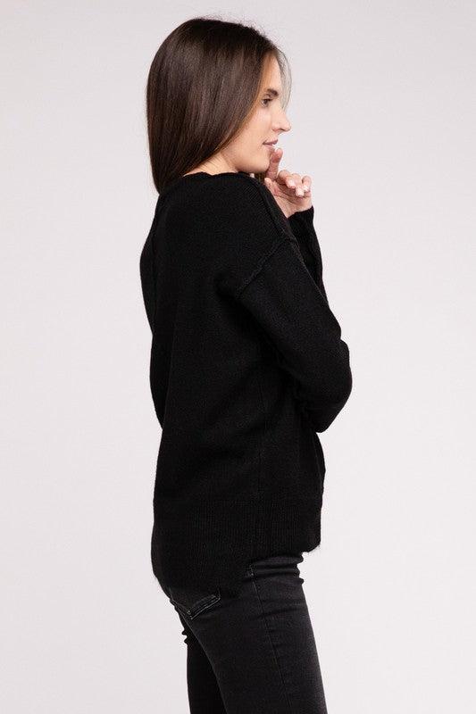 Zenana Hi-Low Hem Round Neck Sweater Sweaters