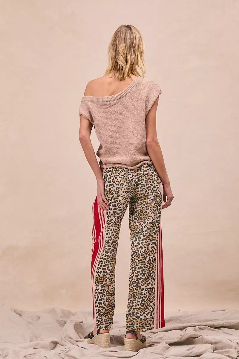 BiBi Leopard Print Pants with beige leopard print and red-white side stripes