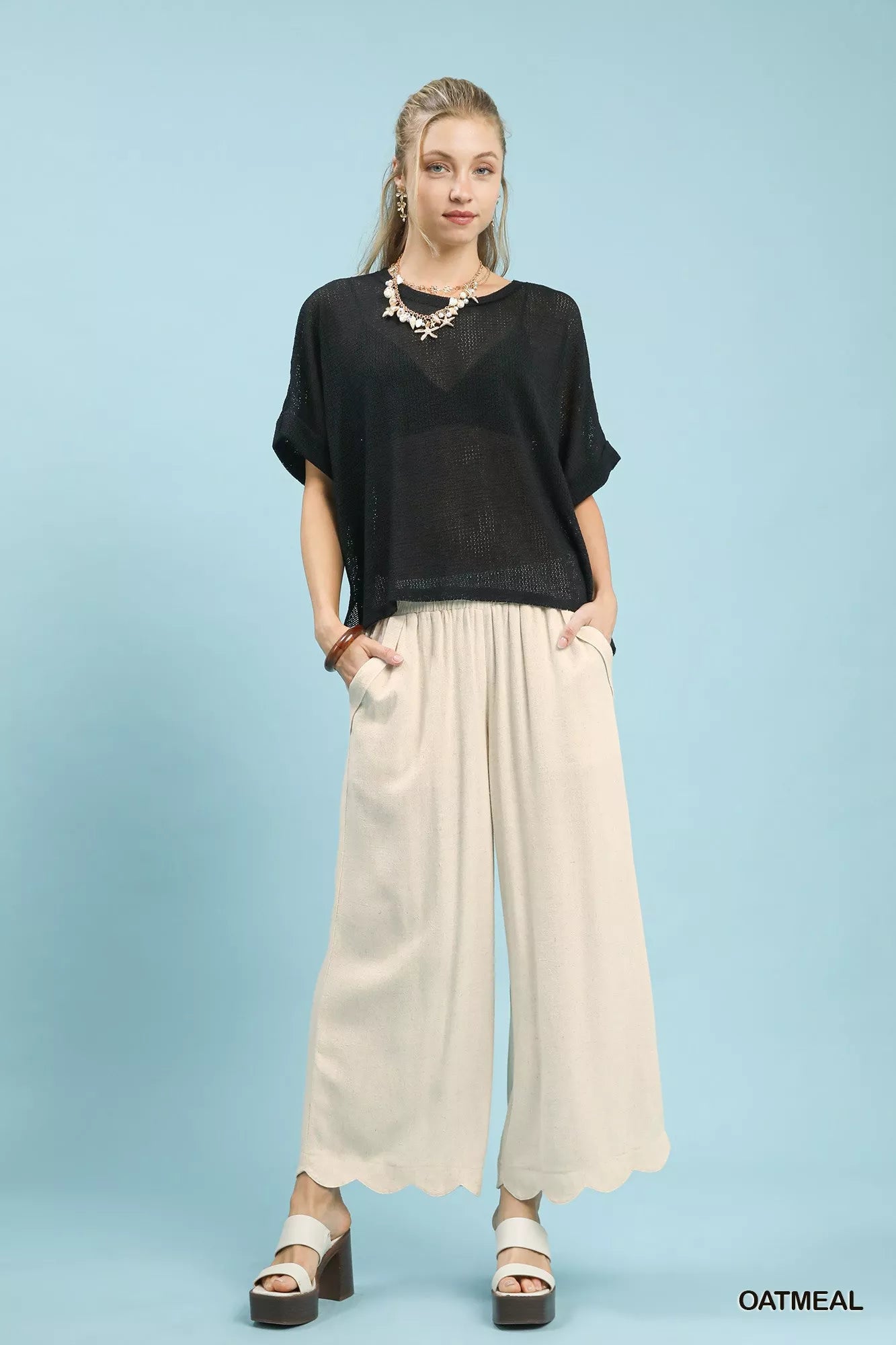 Umgee Linen Blend Scallop Hem Wide Leg Pants | Pants Daverri Fashions