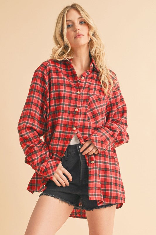 Aemi + Co Plaid Button Up Flannel Shirt with Chest Pocket