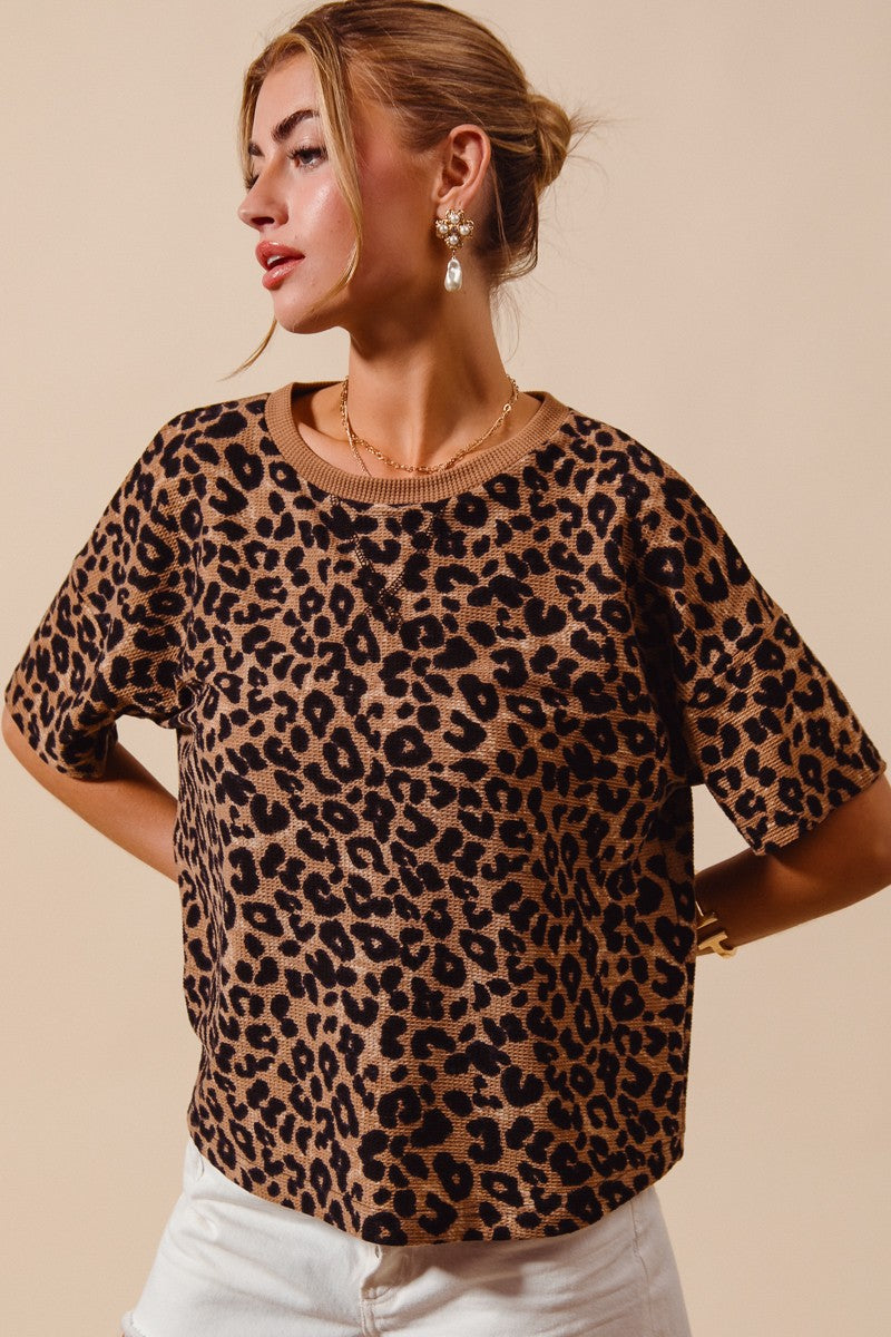 SO ME leopard thermal waffle knit top, short-sleeved beige leopard print