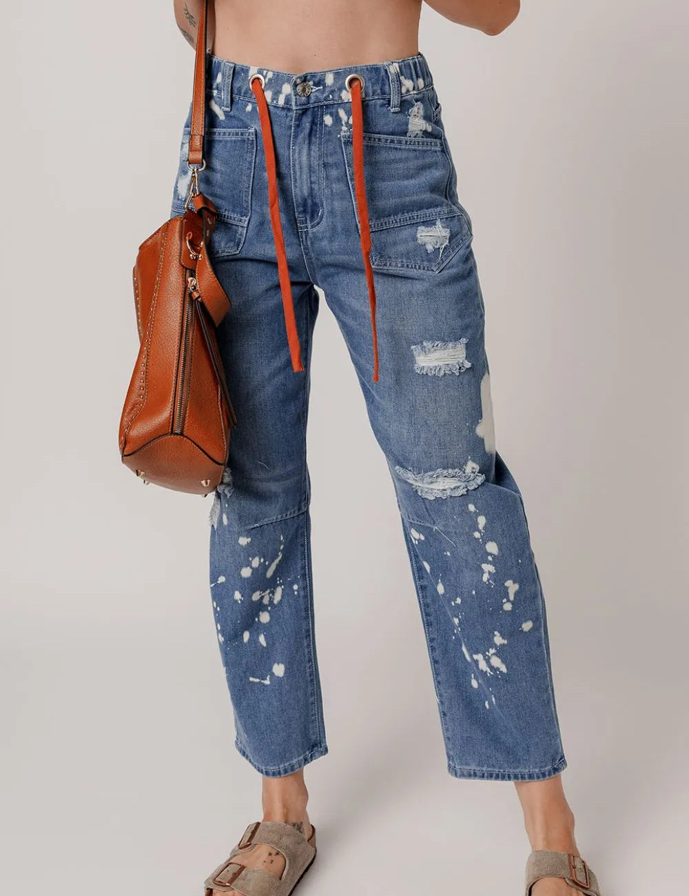 Distressed Splattering Paint Rope Waist Cropped Straight Jeans | Jeans Daverri Fashions