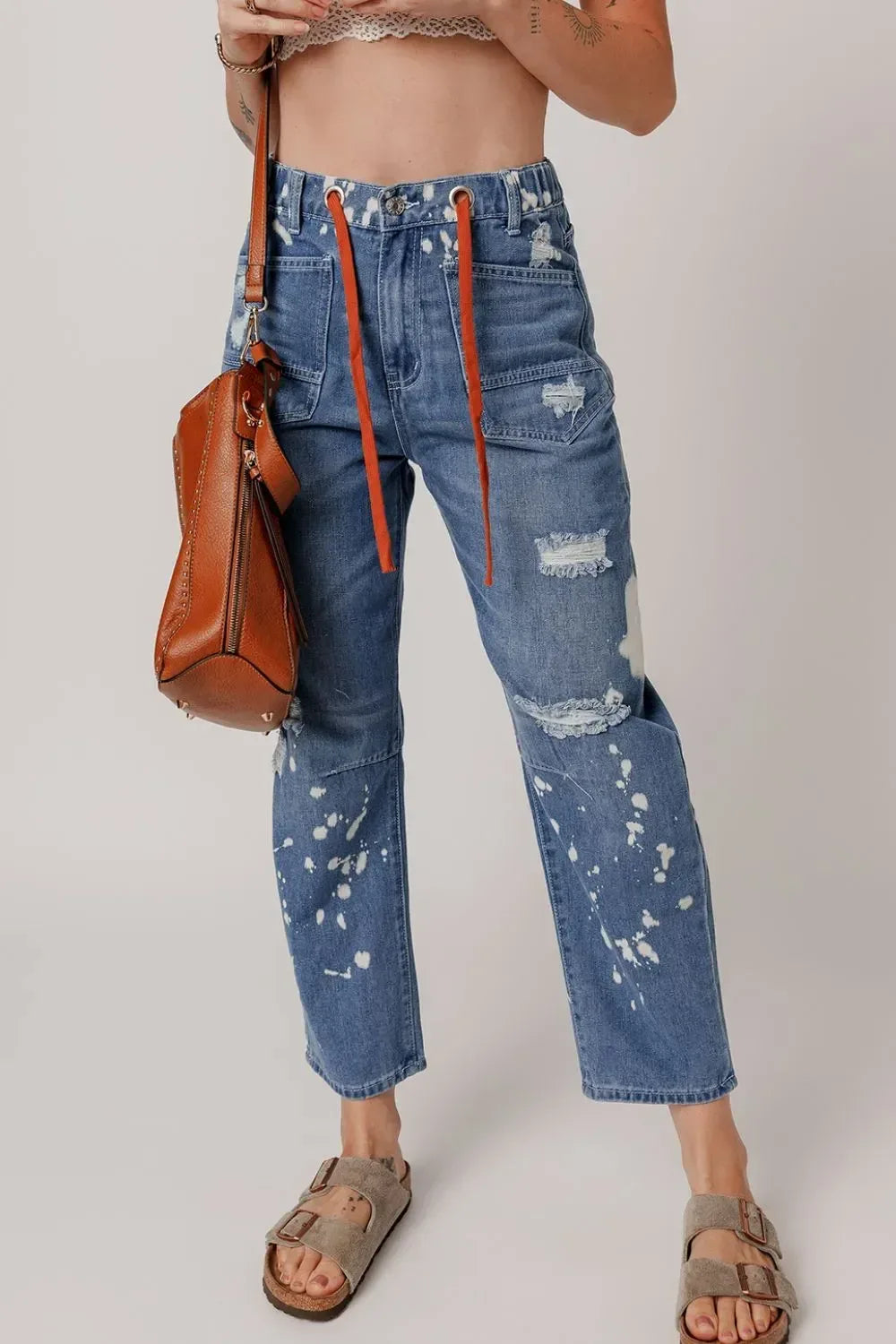 Distressed Splattering Paint Rope Waist Cropped Straight Jeans - DAVERRI FASHIONS