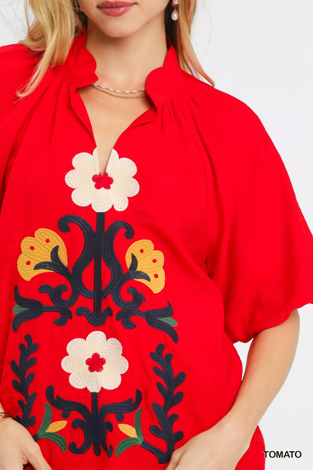 Umgee embroidered boho puff sleeve blouse in vibrant red with bold floral patterns