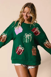 Green BiBi sequin Christmas sweater with gift box heart embroidery