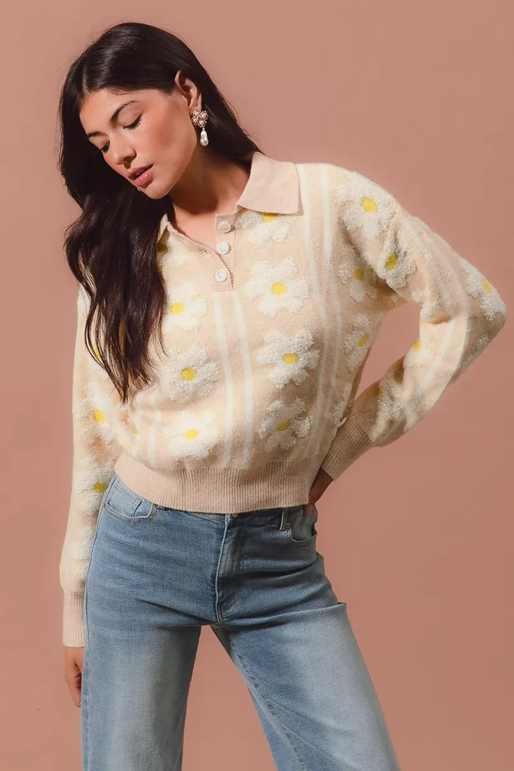 SO ME Floral Stripe Polo Collar Sweater | Sweaters Daverri Fashions