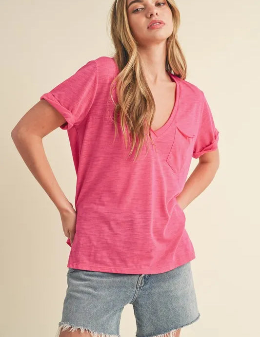 Aemi + Co Side Slit V-Neck Short Rolled Sleeve T-Shirt | Daverri Fashions